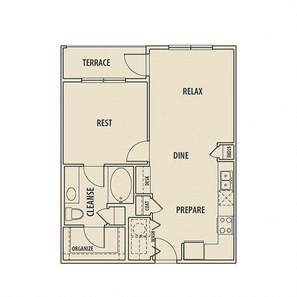 Floor plan for 1 bed, 1 bath, 716 sqft